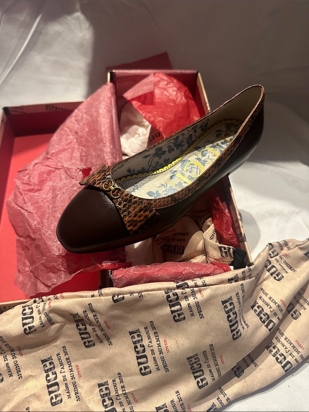 Gucci Dark Brown Leather Ballet Flat with Snake-Effect Trim and Gold Accent